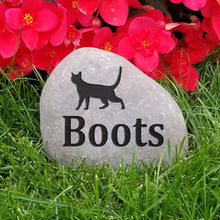Load image into Gallery viewer, pet memorial stone for a cat. Personalized with a cat image and name. Natural river rock garden memorial or pet gravestone