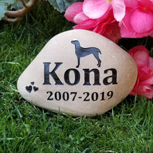 Load image into Gallery viewer, River rock pet memorial stone personalized with name, dates and hearts