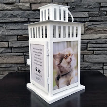 Load image into Gallery viewer, photo pet memorial lantern - pet sympathy gift - kimmer &amp; co.  personalized white carriage lantern with photos of your pet and heartfelt poem.
