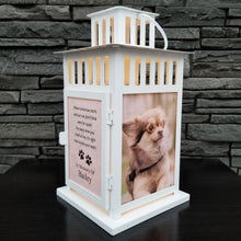Load image into Gallery viewer, photo pet memorial lantern - pet sympathy gift - kimmer &amp; co.  personalized white carriage lantern with photos of your pet and heartfelt poem.
