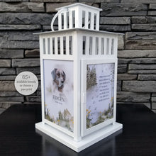 Load image into Gallery viewer, pet memorial lantern - pet sympathy gift - kimmer &amp; co.  white carriage lantern with a beautiful watercolour mountain scene.  personalized with dog graphic and heartfelt poem
