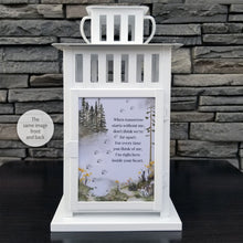 Load image into Gallery viewer, pet memorial lantern - pet sympathy gift - kimmer & co. white carriage lantern with a beautiful watercolour mountain scene. personalized with dog graphic and heartfelt poem