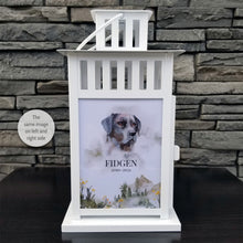 Load image into Gallery viewer, pet memorial lantern - pet sympathy gift - kimmer &amp; co.  white carriage lantern with a beautiful watercolour mountain scene.  personalized with dog graphic and heartfelt poem
