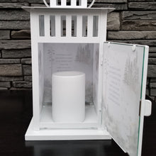 Load image into Gallery viewer, pet memorial lantern - pet sympathy gift - kimmer &amp; co.  white carriage lantern with a beautiful watercolour mountain scene.  personalized with dog graphic and heartfelt poem
