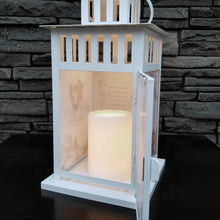 Load image into Gallery viewer, pet memorial lantern - pet sympathy gift - kimmer &amp; co.  white carriage lantern with a beautiful watercolour mountain scene.  personalized with dog graphic and heartfelt poem

