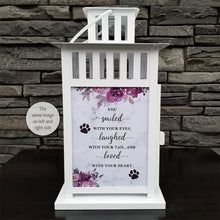 Load image into Gallery viewer, pet memorial lantern - pet sympathy gift - kimmer & co. white carriage lantern with a pretty watercolour floral design. personalized with dog graphic and heartfelt poem.
