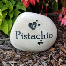 Load image into Gallery viewer, pet memorial stone customized with the cats name, a paw print and hearts