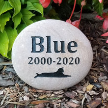 Load image into Gallery viewer, Pet memorial stone for cats, pet sympathy gift. Custom cat memorial stone engraved with the name of the pet, dates and cat image