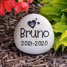 Load image into Gallery viewer, Pet memorial stone for cats, pet sympathy gift. Personalized cat memorial stone engraved with the name of the pet, dates, paw print and hearts